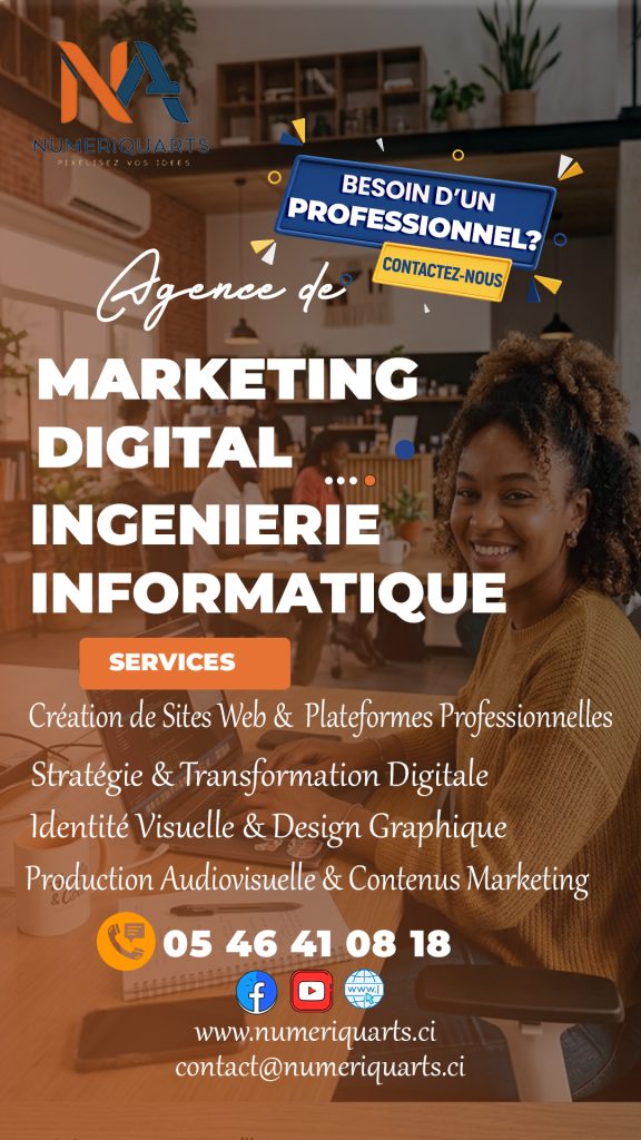 Agence digitale Daloa : Numeriquarts pour marketing digital, création de site web et ingénierie informatique. Services professionnels pour entreprises en Côte d'Ivoire. Visualisez nos expertises sur cette affiche.